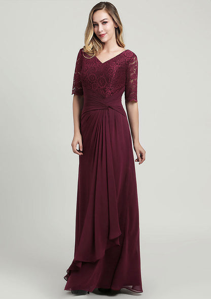 Vintage Elegant Simple Wedding Guest Dresses Burgundy Chiffon Lace A-line V Neck Half Sleeve Pleated With Tiers Ruffles Floor-Length Hot Sale Mother of the Bride Dress