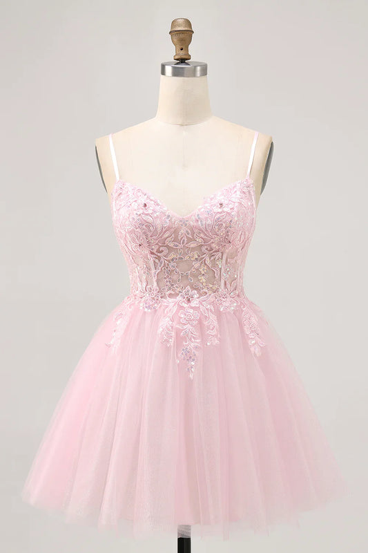 Elegant Short Dress Sparkly Pink A Line Spaghetti Strap V Neck Sleeveless with Sequin Lace Applique Backless Hot Sale Homecoming Dress