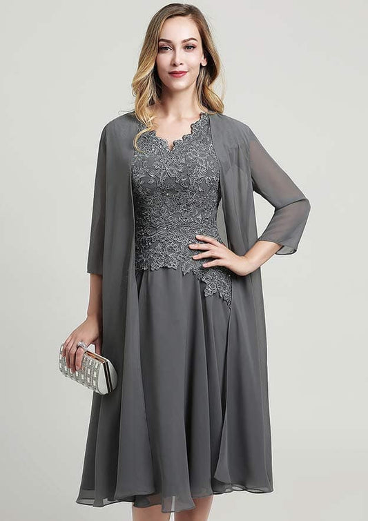 Wedding Guest Dresses Grey Chiffon Classic A-line V Neck Short Sleeve Lace Applique With 3/4 Long Sleeve Jacket Two-Piece Knee-Length Hot Sale Mother of the Bride Dress