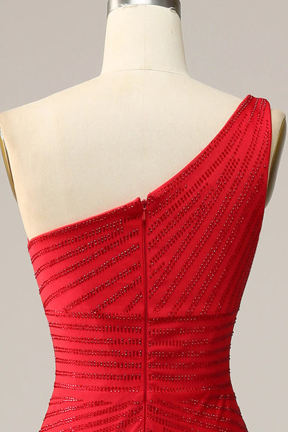 Vestido de fiesta largo rojo de sirena con un solo hombro y cuentas 