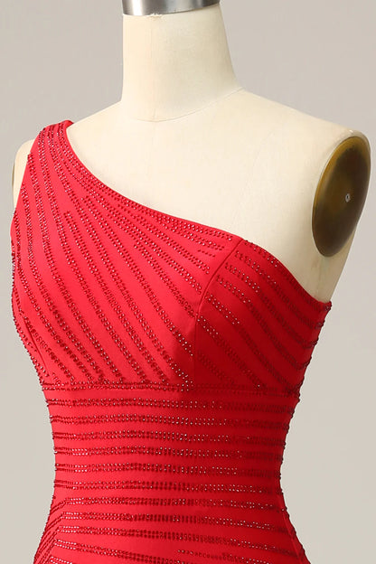 Vestido de fiesta largo rojo de sirena con un solo hombro y cuentas 