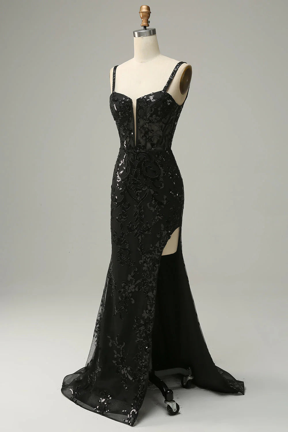 Amzcw Black Mermaid Spaghetti Straps Sequins Long Prom Dress with Split Front