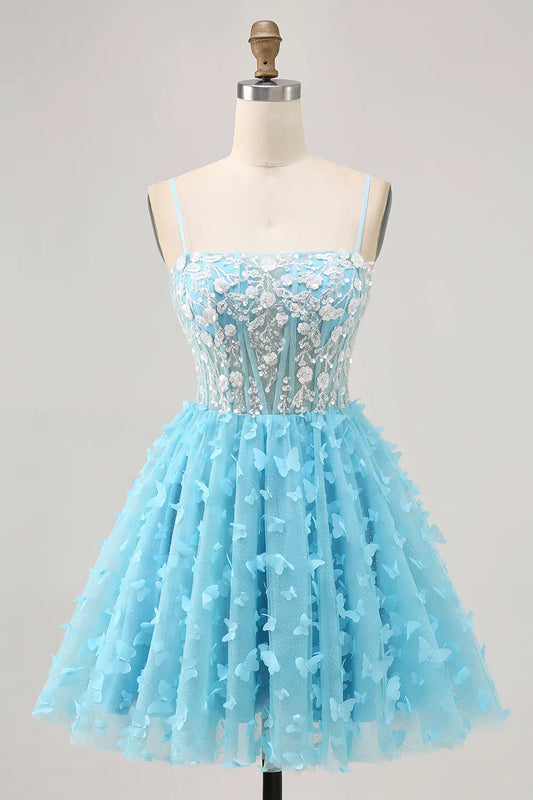 Fashion Exquisite Short Dress Sparkly Sky Blue A Line Spaghetti Strap Sleeveless with Sequins 3D Butterfly Flower Backless Hot Sale Homecoming Dress