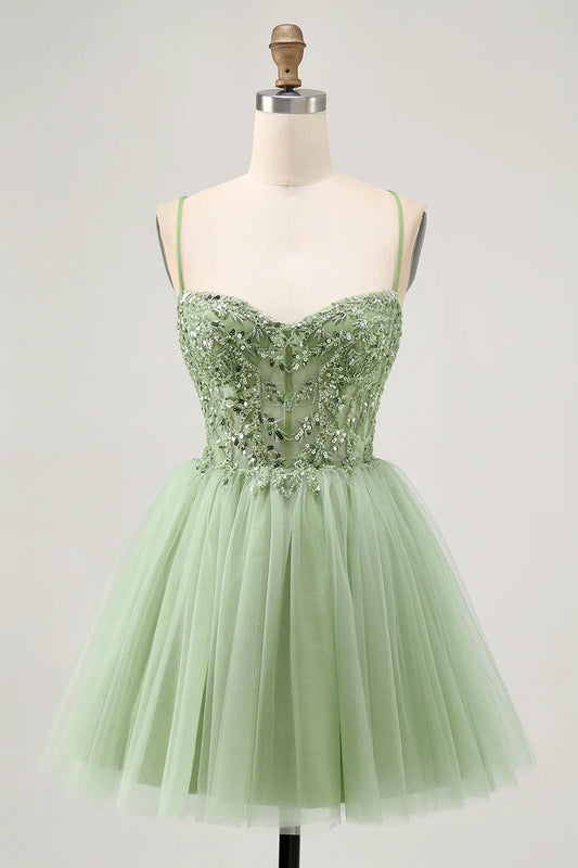 Exquisite Short Dress Sparkly Green A Line Spaghetti Strap Sweetheart Neckline Sleeveless with Beading Applique Backless Hot Sale Homecoming Dress