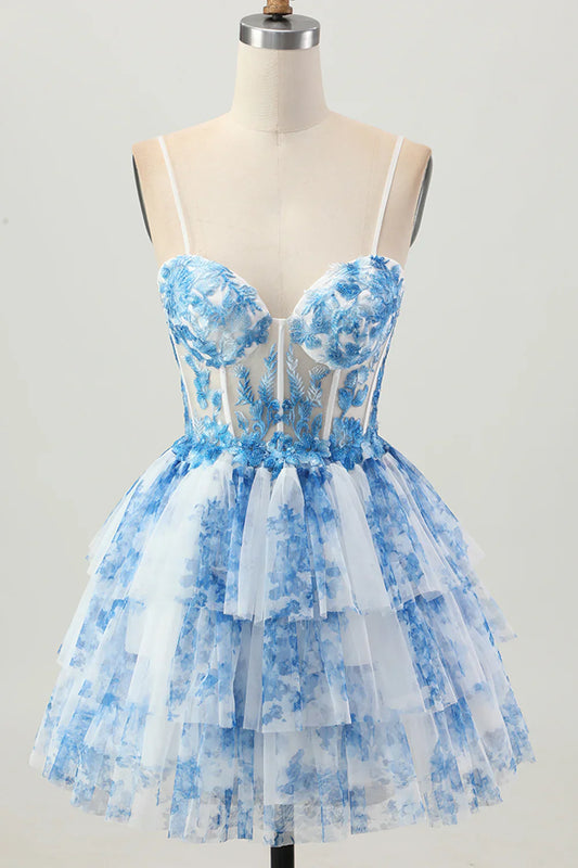 Chic Short Dress White Blue Printing A Line Spaghetti Strap Sweetheart Neckline Sleeveless Lace Applique Layering Ruched Backless Hot Sale Homecoming Dress