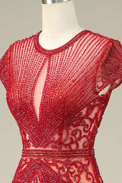 Amzcw Gorgeous Burgundy Mermaid Jewel Neck Prom Dress with Beading prom dresses with long sleeves