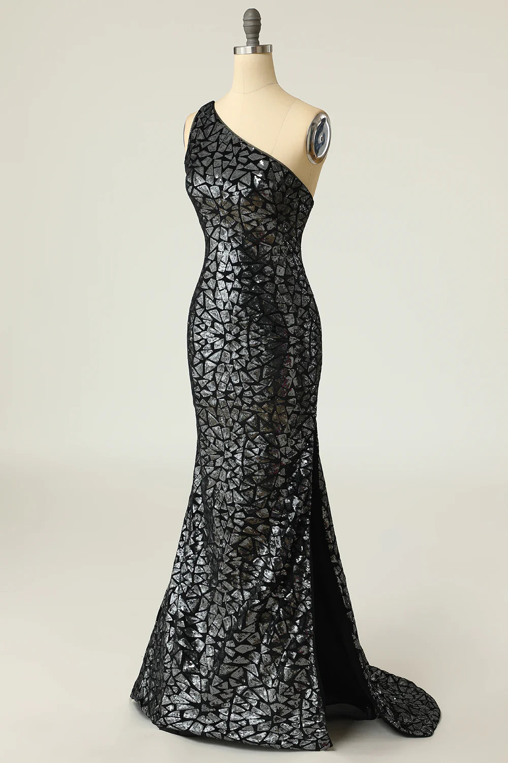 Vestido de fiesta de sirena con un solo hombro y lentejuelas doradas oscuras