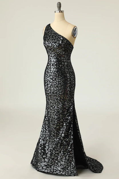 Vestido de fiesta de sirena con un solo hombro y lentejuelas doradas oscuras