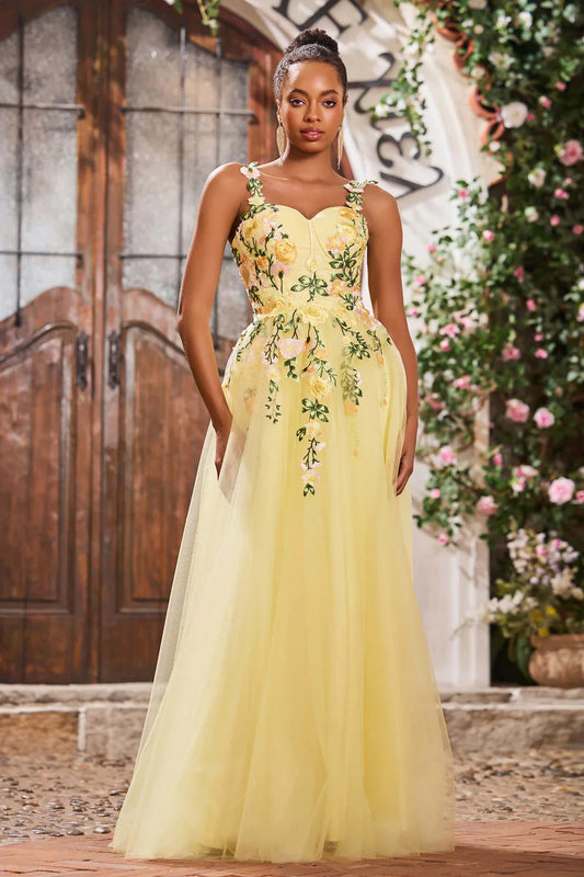 Romantic Floral Applique Daffodil A Line Sweetheart Sleeveless Ruched Tulle Backless Cheap Long Prom Dress