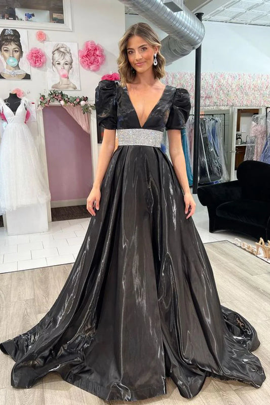 Vestido de fiesta largo con escote en V, corte A, cuentas y mangas abullonadas 