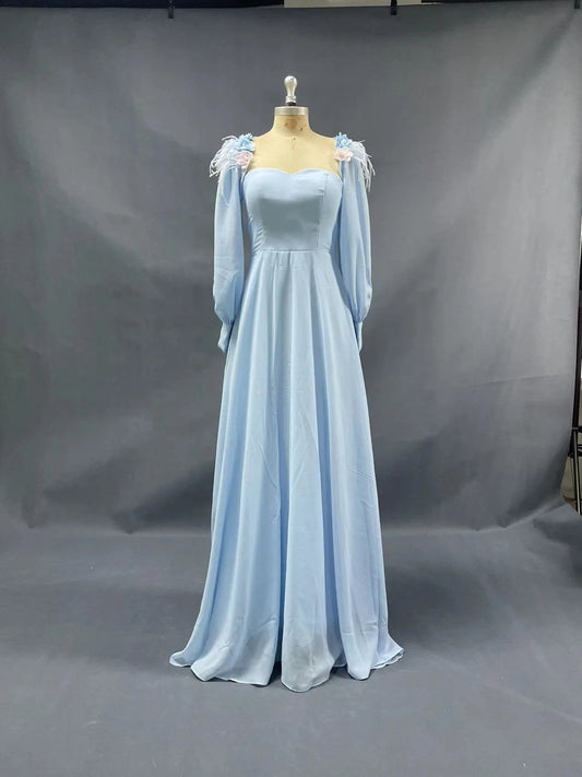 Vestidos de fiesta azules de corte A con mangas largas y escote corazón, con flores y plumas, vestidos de noche largos 