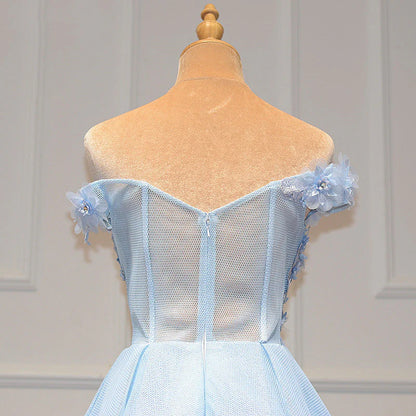 Vestidos de fiesta de tul con escote en forma de corazón y encaje, de corte A, en azul, con hombros descubiertos 