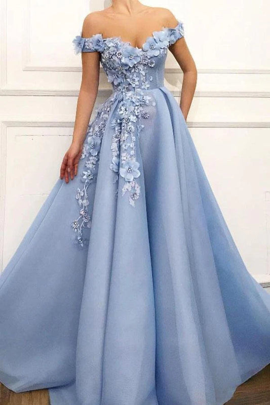 Vestidos de fiesta de tul con escote en forma de corazón y encaje, de corte A, en azul, con hombros descubiertos 