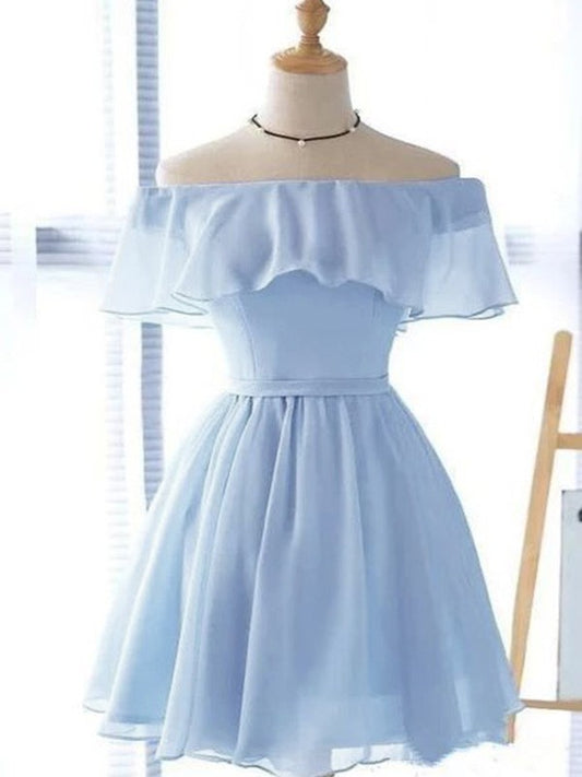 Model wearing an A-line chiffon off-shoulder short homecoming dress with ruffles.