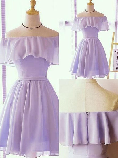 Back view of an A-line chiffon off-shoulder short homecoming dress with ruffles.