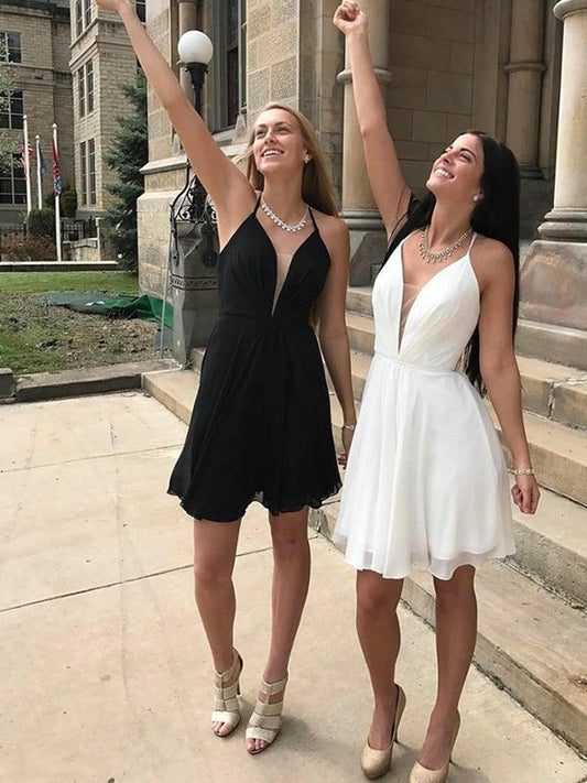 A-Line chiffon homecoming dress with ruffles and V-neck.