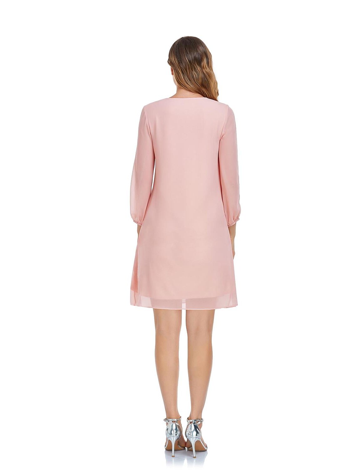 Side view of the A-Line Empire chiffon dress, showing the short length and subtle slit.