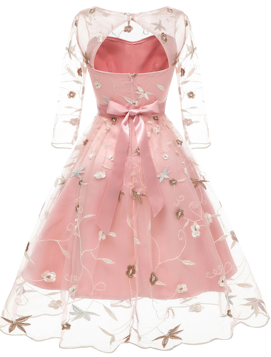 Back view of an A-line floral tulle cocktail dress with embroidery appliques.