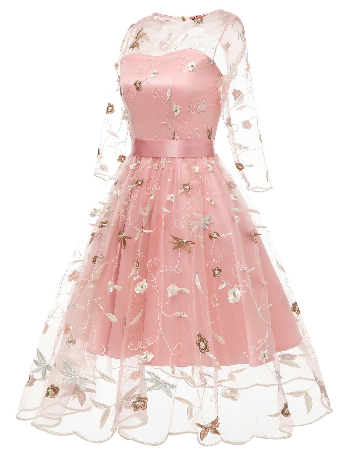Side view of an A-line knee-length dress with floral embroidery.