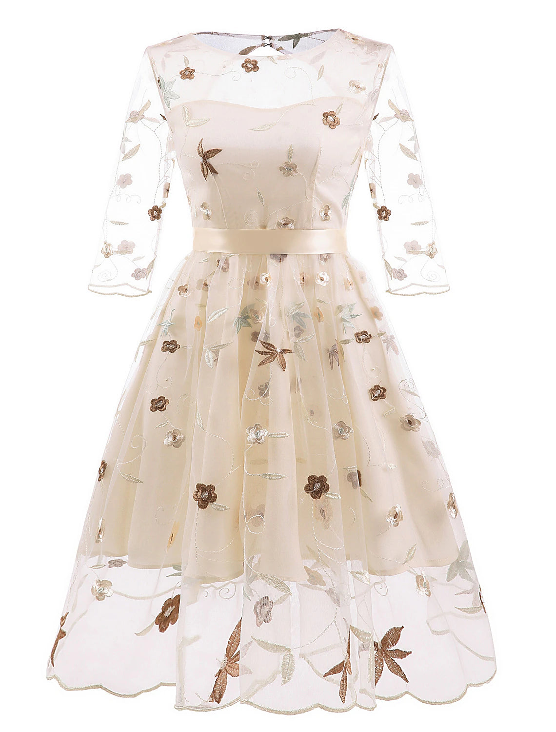 Full view of an elegant A-line party dress with a jewel neckline.