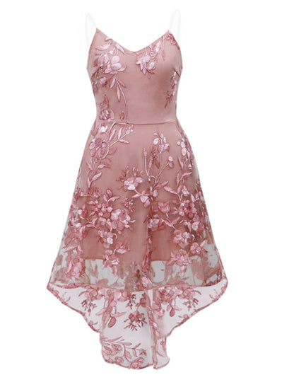 Back view of the A-line floral tulle dress, showcasing the spaghetti straps and flowing skirt.