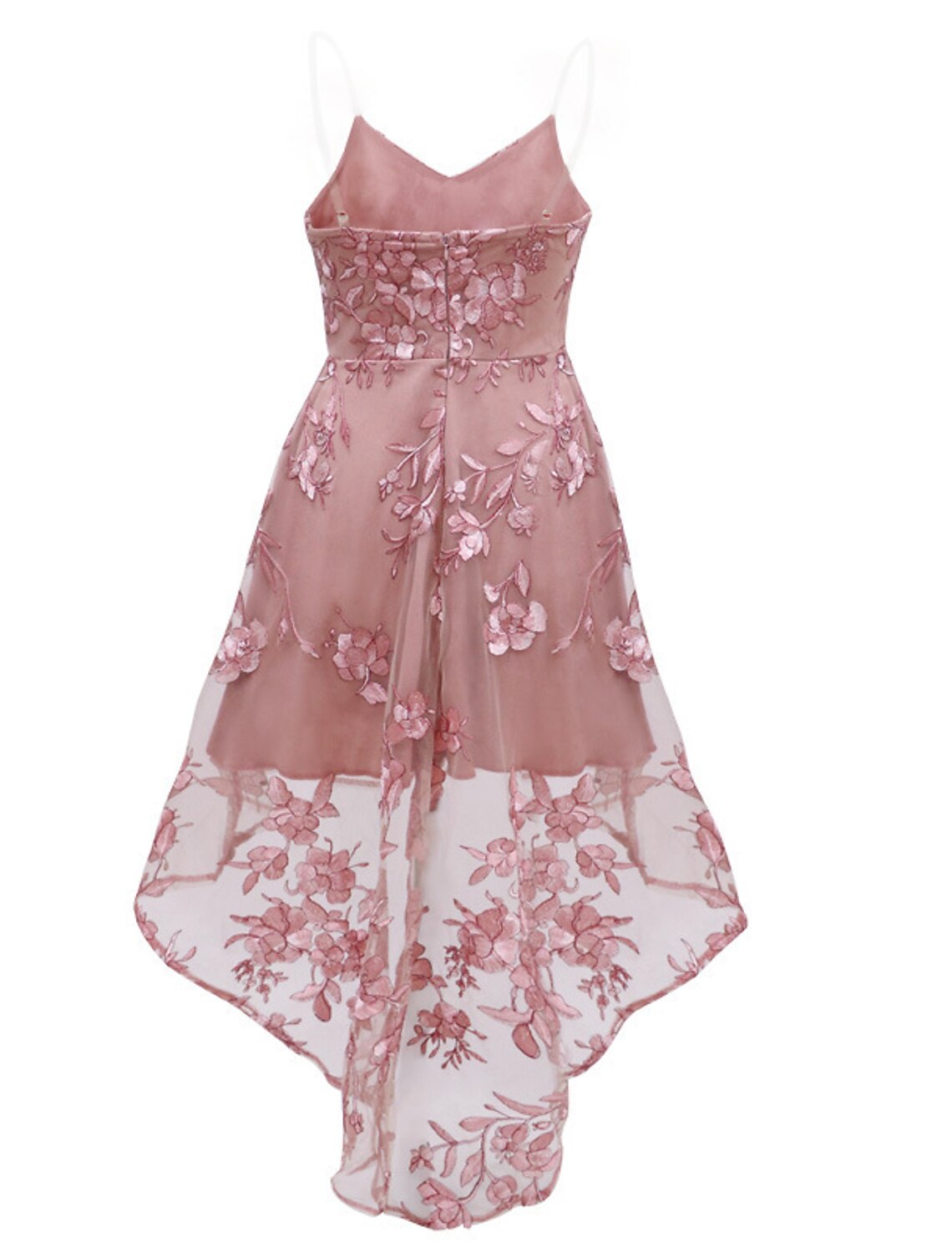 Side profile of the A-line cocktail dress, highlighting its asymmetrical hem and silhouette.