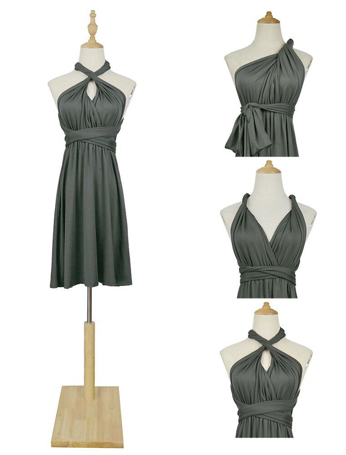 Model wearing a knee-length A-line halter dress with elegant pleats.