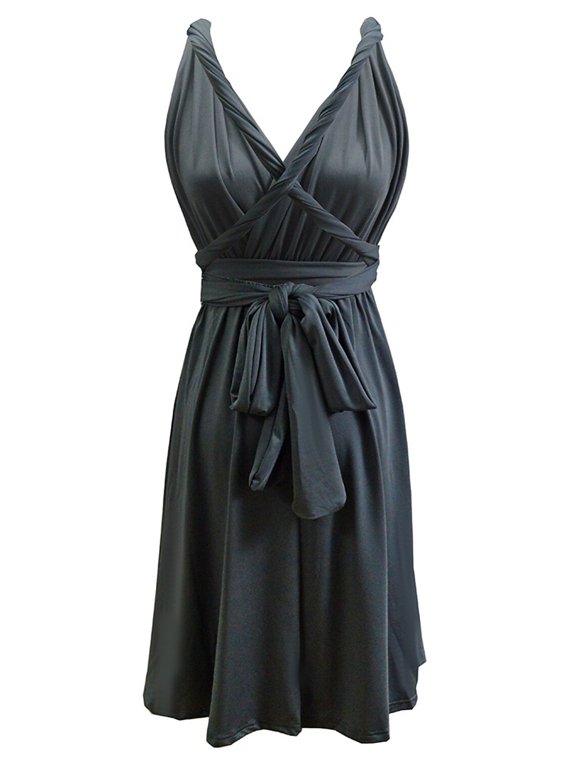 Model showcasing the convertible strappy back of the A-line dress.