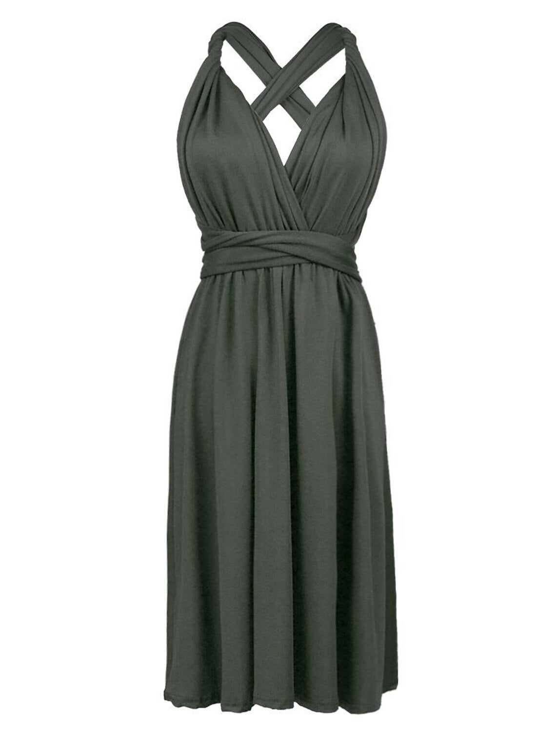 Back view of the A-line halter dress, highlighting the strappy details.