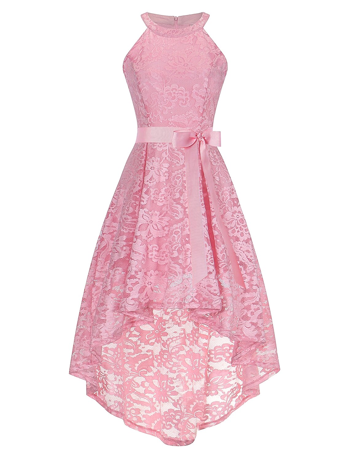 Model wearing an A-line halter lace dress with an asymmetrical hem and sash.