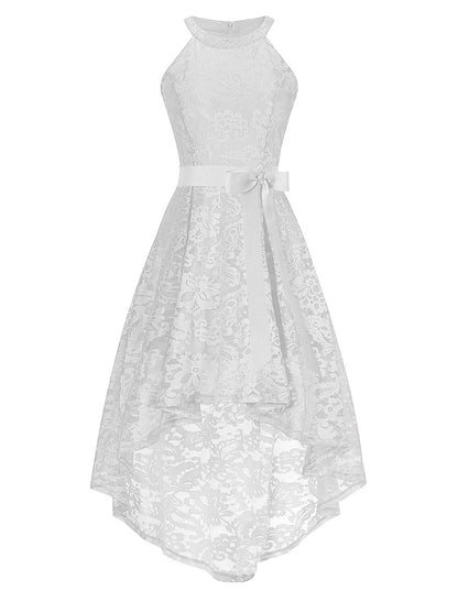 Back view of an A-line halter lace dress with an asymmetrical hem and sash.