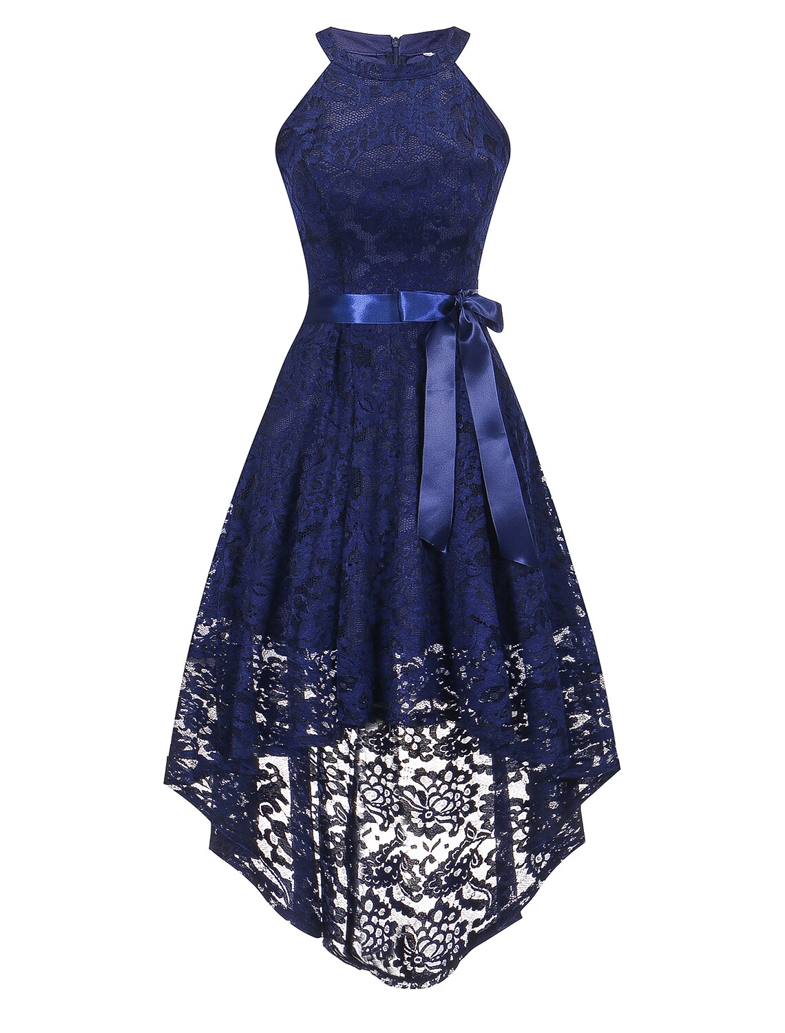 Close-up of the lace detail and halter neckline on an A-line dress.