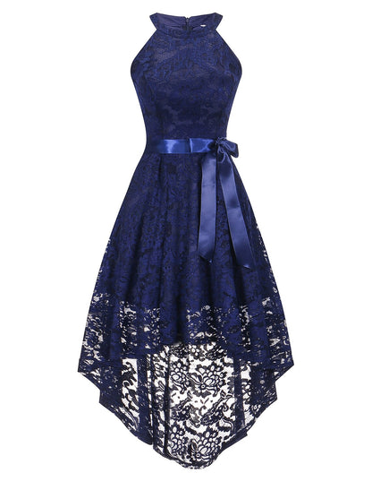 Close-up of the lace detail and halter neckline on an A-line dress.