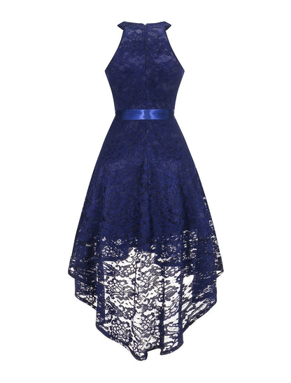 Side view of an A-line halter lace dress, highlighting the asymmetrical hem.