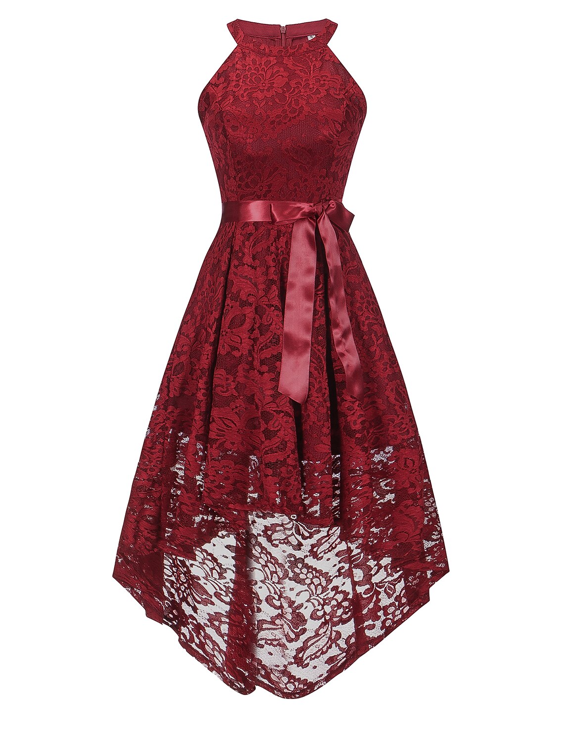 Model posing in an A-line halter lace dress, showing the full silhouette.