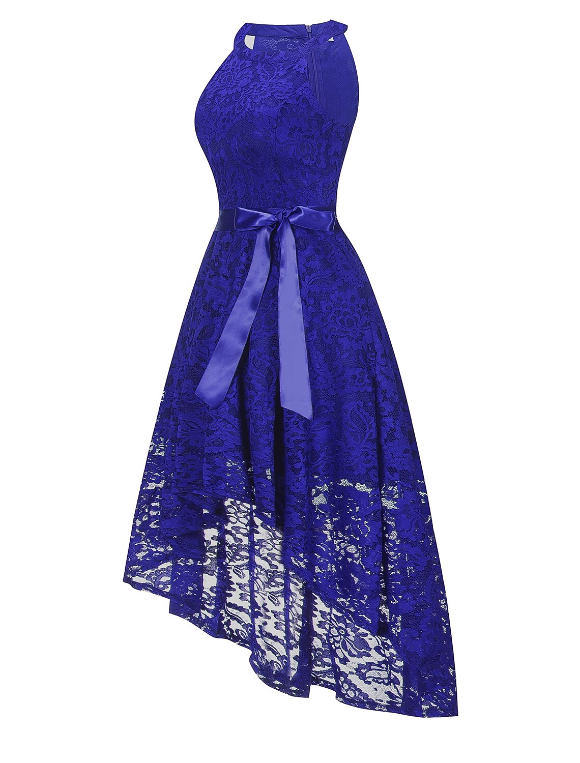 Detail of the sash and ribbon bow on an A-line lace dress.