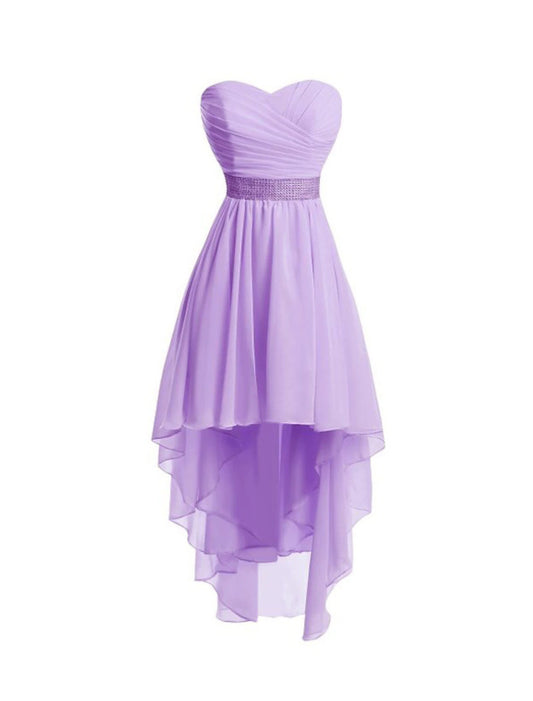 Model wearing a strapless A-line tiered homecoming dress with a high-low hem in chiffon.