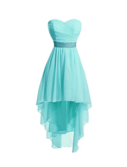 Back view of a strapless A-line chiffon homecoming dress with ruched details.