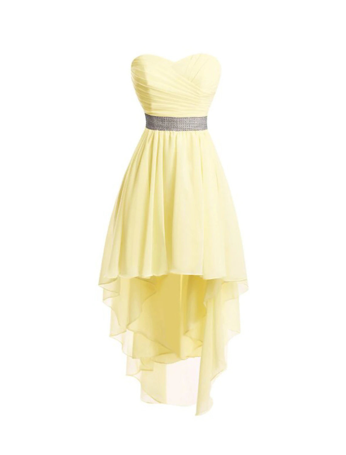 Detail of the flowing chiffon fabric and high-low hem of an A-line dress.