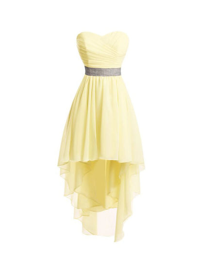 Detail of the flowing chiffon fabric and high-low hem of an A-line dress.