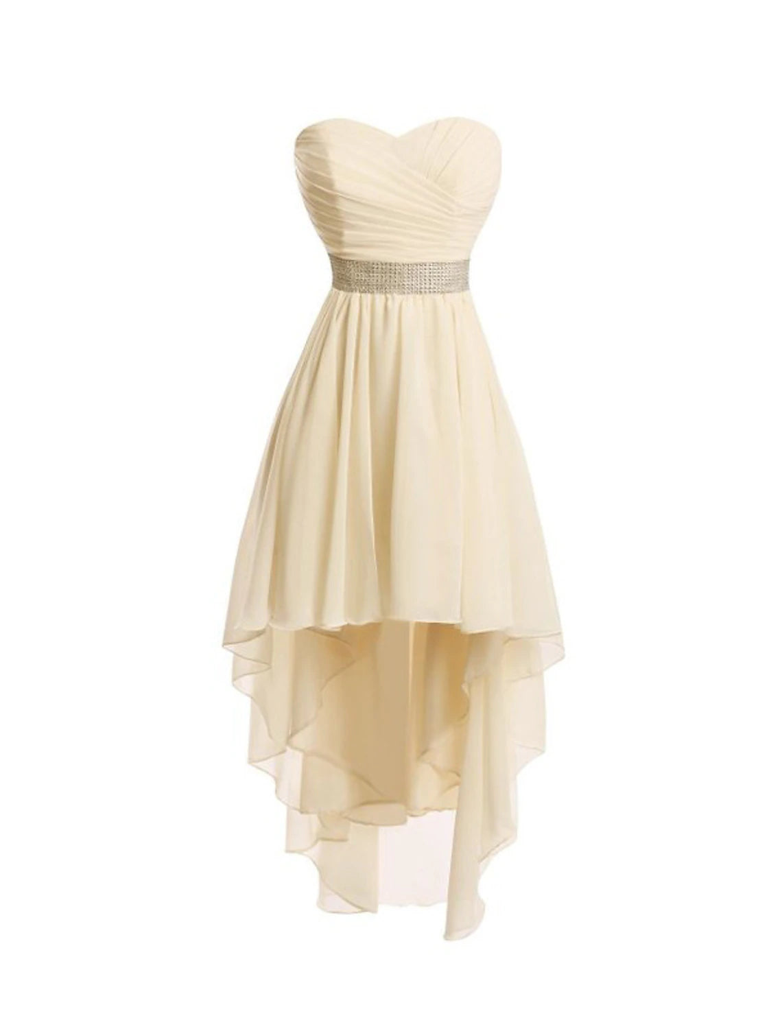 Model showcasing the movement of a tiered strapless high-low homecoming dress.