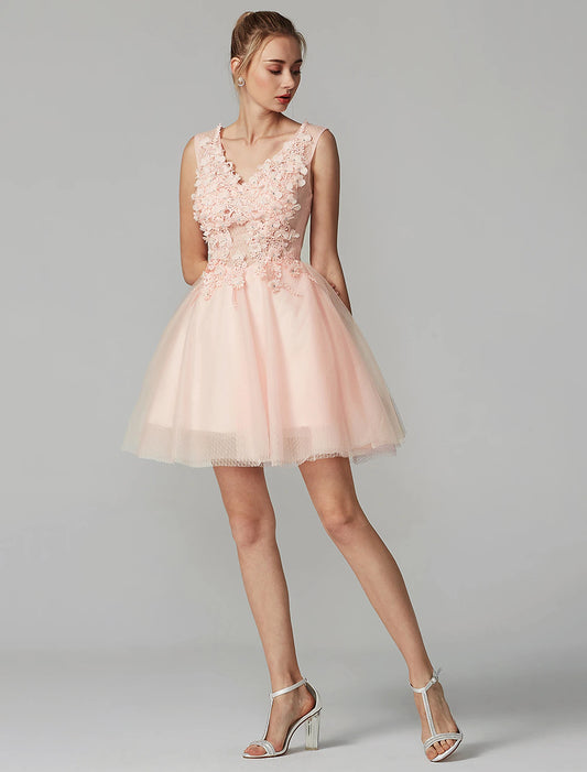 Model wearing an A-line short homecoming dress with V-neck, lace, and crystal appliques.