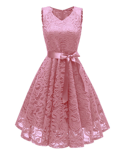 A-line short cocktail dress with V-neck and lace details.