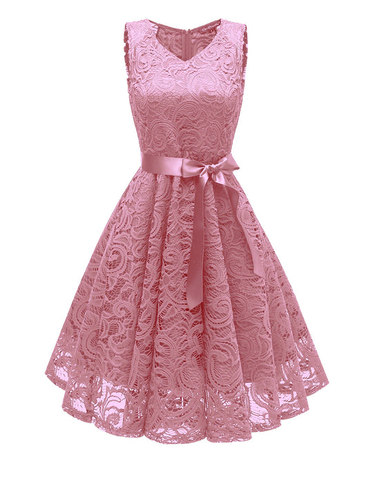 A-line short cocktail dress with V-neck and lace details.