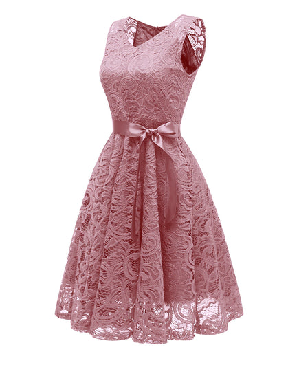 Elegant A-line mini dress featuring lace and a V-neck.