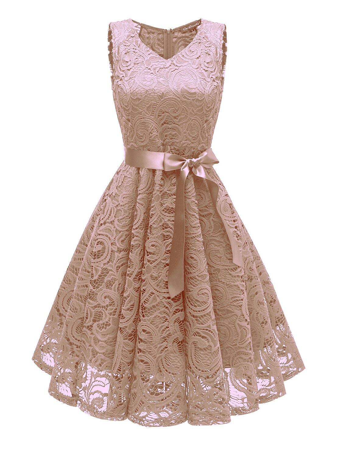 Back view of a short A-line dress with delicate bow details.