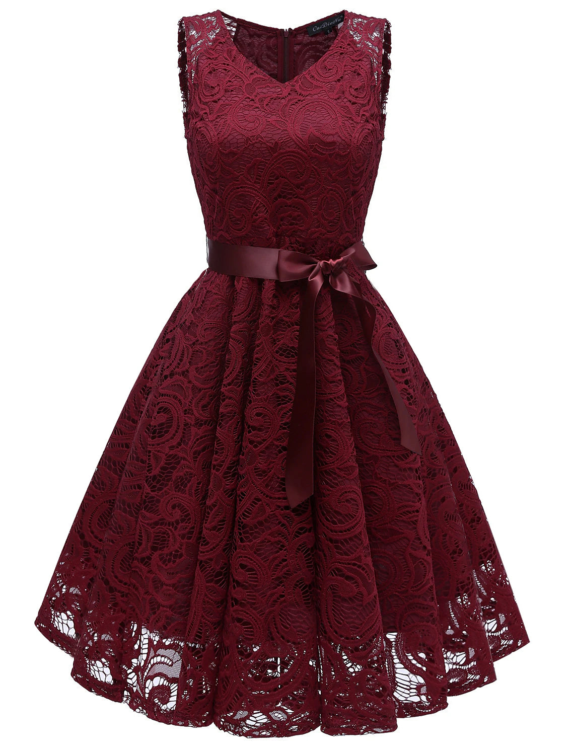 Close-up of lace and bow detail on an A-line dress.