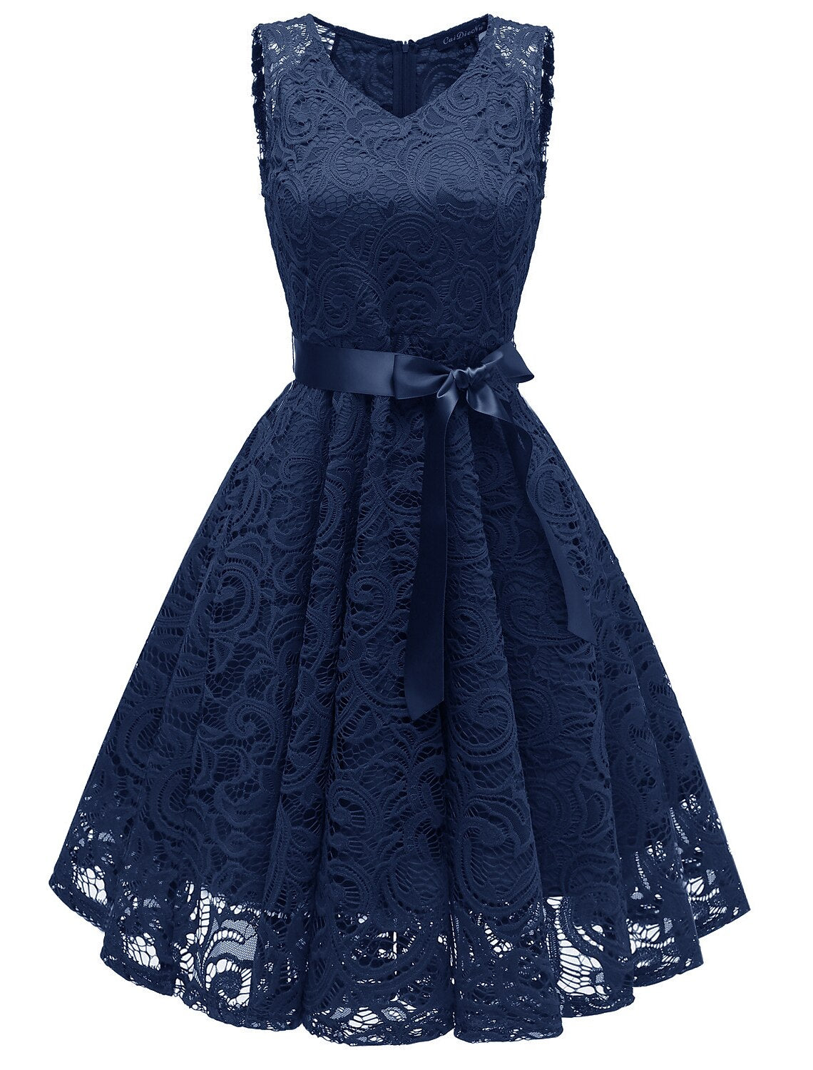 Model wearing a short V-neck A-line dress for homecoming.