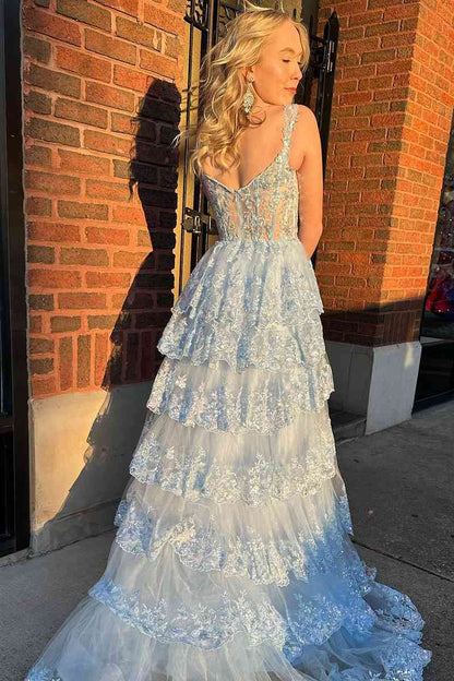 A Line Light Blue Lace Sweetheart Tiered Long Prom Dress with Slit