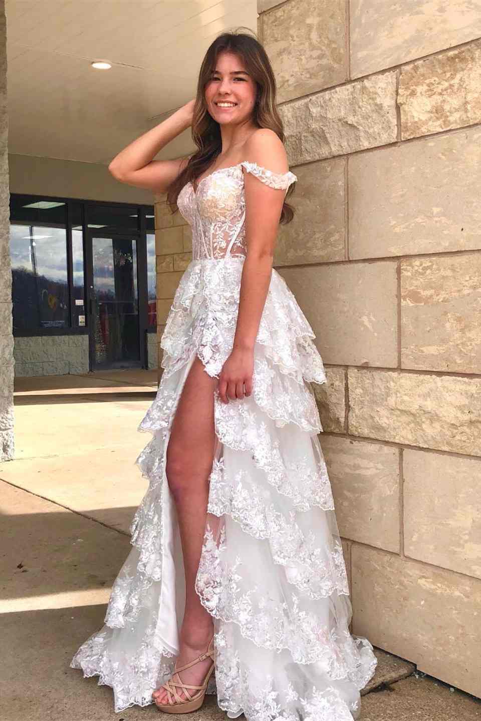 A Line Light Blue Lace Sweetheart Tiered Long Prom Dress with Slit